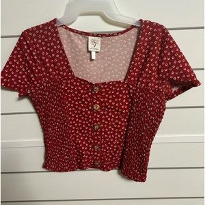 Red Floral Blouse with Brown Buttons